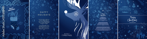 Vertical Decorative Blue Christmas Poster Designs. Merry Christmas and Happy New year greeting cards with copy space. Silhouette of reindeer profile. Xmas tree copy space. Xmas decoration pattern. 