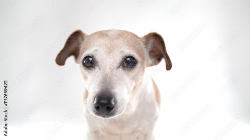 Dog face on white background. Video portrait of cute white pet smart eyes looking at camera. Pet theme video footage Dog face on white background. Video portrait of cute white pet smart eyes looking at camera. Pet theme video footage
