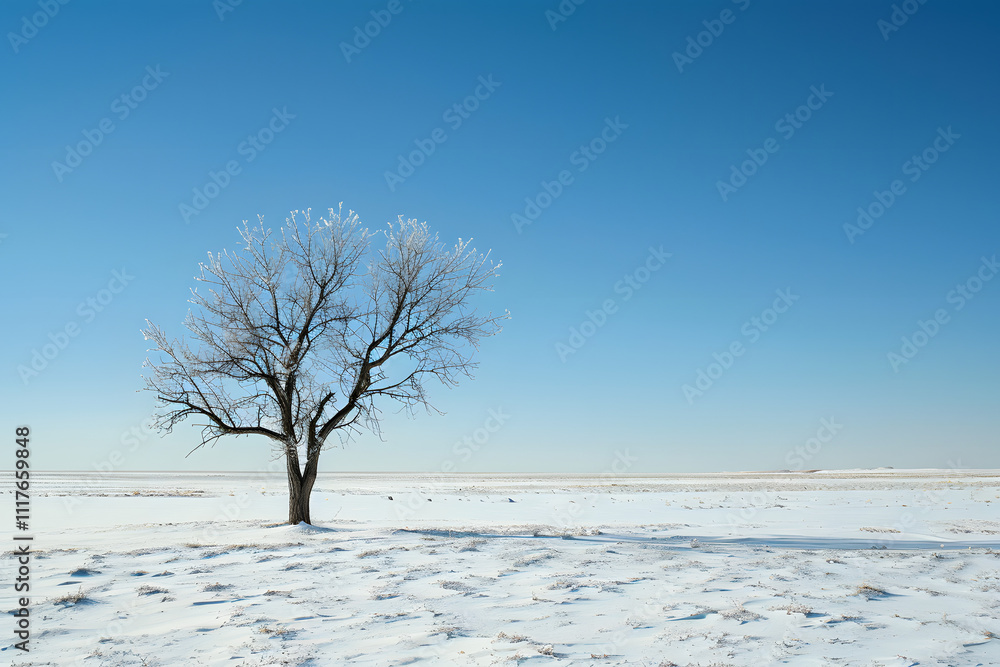 Fototapeta premium Vast Snow-Covered Plain with Single Tree Under Clear Sky