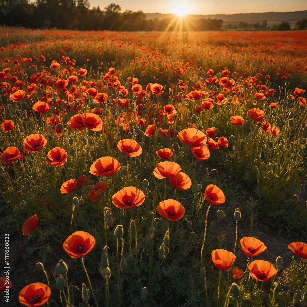 Obraz premium A field of poppies glowing under the golden sun.