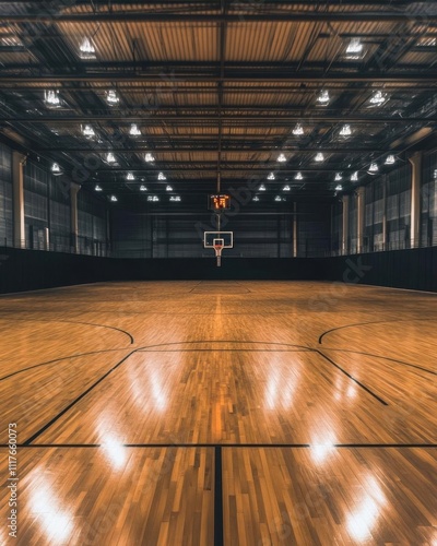 A spacious indoor basketball court with polished wooden floors.