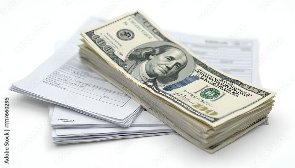 Stack of dollar bills with financial documents on a white background, representing wealth Stack of dollar bills with financial documents on a white background, representing wealth