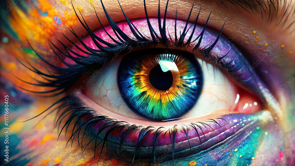 Close-up of a woman's eye with colorful holiday makeup, colored eye shadow, festival holly, carnival makeup Close-up of a woman's eye with colorful holiday makeup, colored eye shadow, festival holly, carnival makeup
