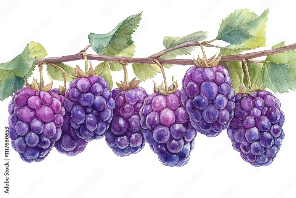 A watercolor illustration of ripe blackberries on a branch with green leaves. A watercolor illustration of ripe blackberries on a branch with green leaves.