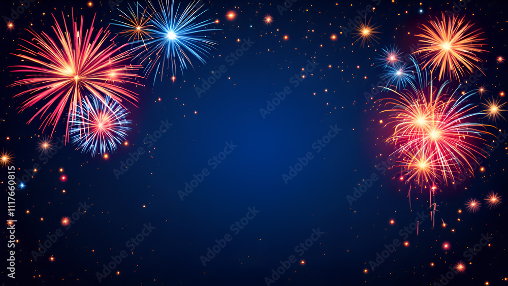 Naklejka premium New year celebration fireworks on blue background, New year 2025 eve party.