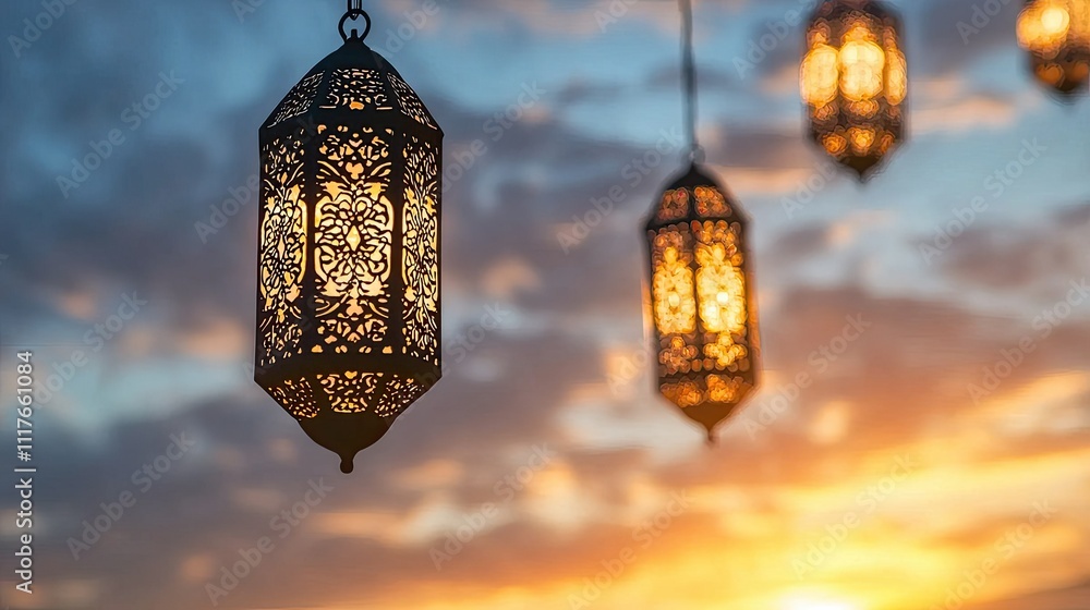 Ornate lanterns illuminate a sunset sky. Ornate lanterns illuminate a sunset sky.