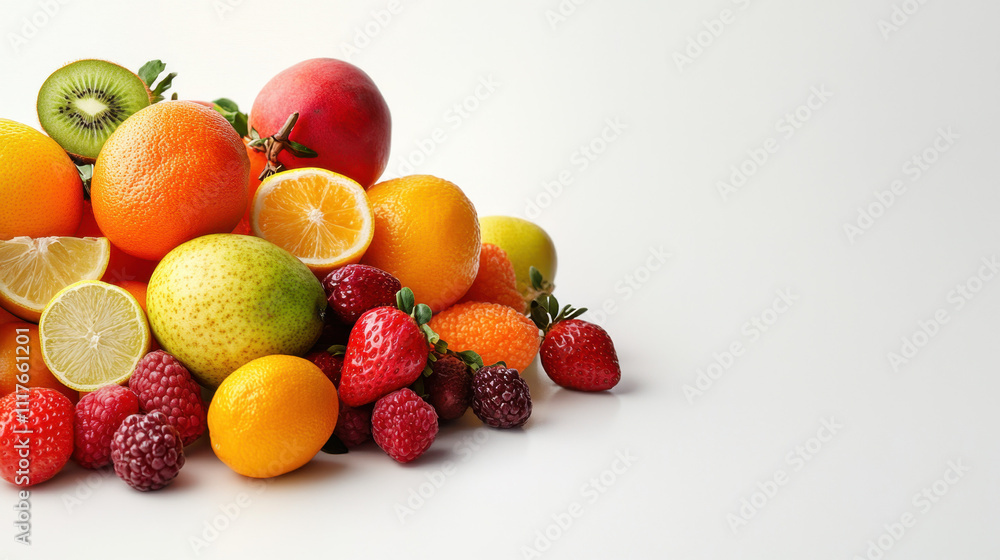 A vibrant assortment of fresh fruits, including oranges, kiwi, strawberries, and more, beautifully arranged on a white background, showcasing natural textures. A vibrant assortment of fresh fruits, including oranges, kiwi, strawberries, and more, beautifully arranged on a white background, showcasing natural textures.
