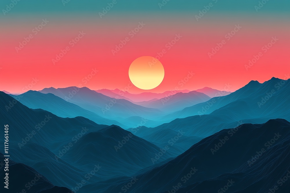 A serene sunset over layered mountains, creating a tranquil and atmospheric landscape. A serene sunset over layered mountains, creating a tranquil and atmospheric landscape.