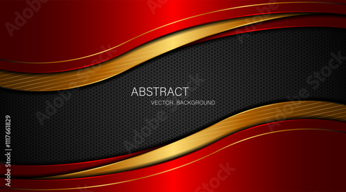 Abstract red and golden curves with golden lines on dark steel mesh background. with free space for design. modern technology innovation concept background	