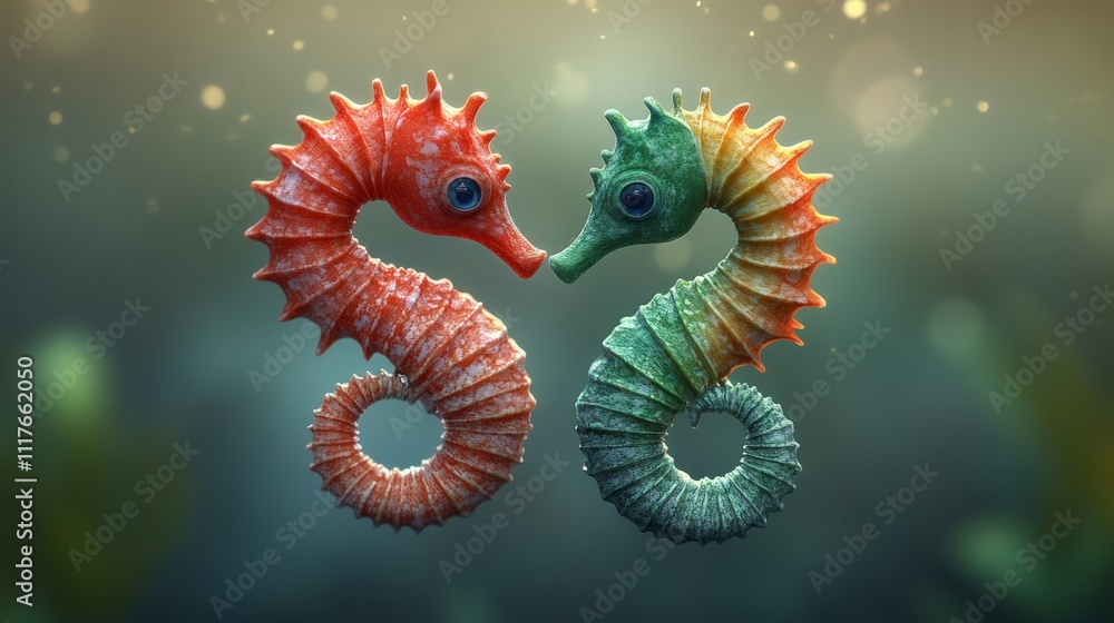 Two seahorses, one red and the other green Two seahorses, one red and the other green