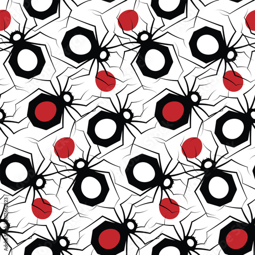 Seamless pattern with black spiders, red eggs - dots on white background. Elegant surface design in art deco motif of spider silhouettes, poisonous insects in abstract composition. Vector illustration
