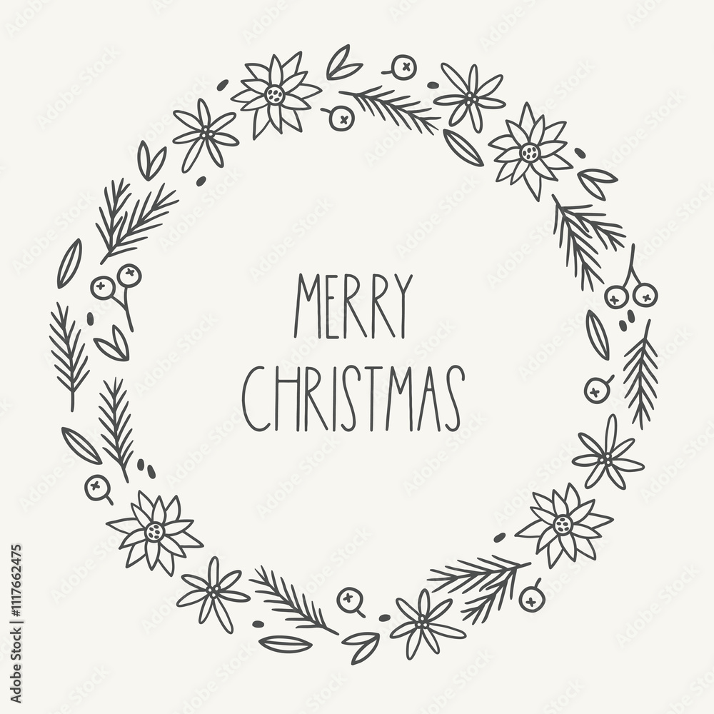 Christmas outline greeting card with flowers, fir branches, berries, leaves on white background. Perfect for seasonal holidays and decorations. Hand drawn frame, wreath Christmas outline greeting card with flowers, fir branches, berries, leaves on white background. Perfect for seasonal holidays and decorations. Hand drawn frame, wreath