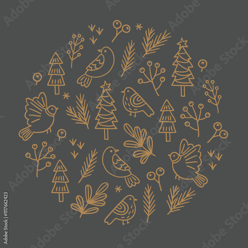 Christmas outline greeting card with birds, fir trees, berries, leaves, snowflakes on grey background. Circle ornament. Perfect for seasonal holidays and winter decorations. Vector illustration