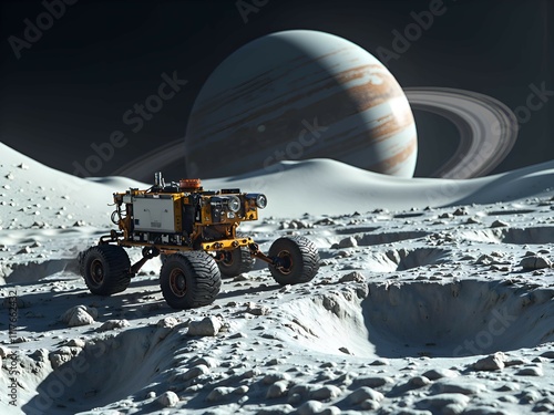 Exploring the moon s surface with a rover beneath the majestic rings of a gas giant, digital art of science fiction concept. photo