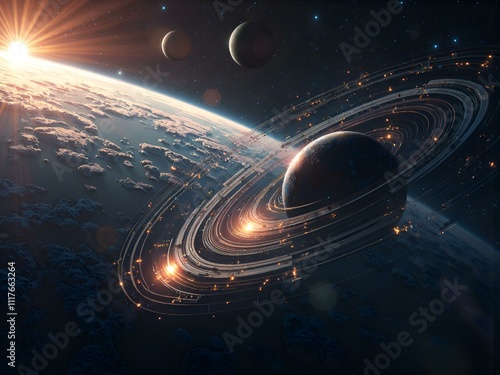 A dazzling cosmic landscape with rings and celestial bodies illuminated by a distant star, digital art of outer space concept.