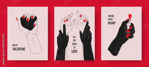 Hand drawn greeting cards set of Valentines Day and Love with typography. Vintage design with hands of couple, heart shape, lighter. Vector romantic concept for banner, invitation, poster, flyer