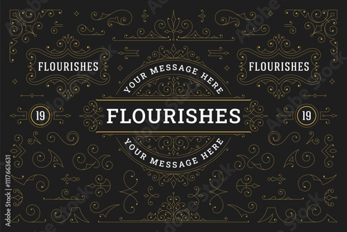 Luxury flourishes golden ornate design element set vector illustration. Elegant classical Victorian swirl calligraphic text decoration border divider corner for vintage greeting card label emblem