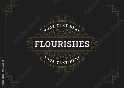Luxury vintage golden swirl scroll ornament greeting card design template vector illustration. Elegant royal classical old style Victorian vignette calligraphic ornate label cover restaurant menu