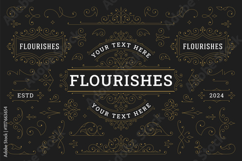 Elegant royal floral motif Victorian ornament design element set vector illustration. Vintage luxury filigree vignette golden antique swirl text decoration logo frame for wedding greeting card