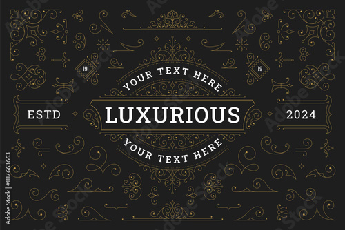 Vintage elegant classical luxury Victorian golden ornament design element set vector illustration. Royal flourishes filigree vignette text decoration frame logo divider for old style menu book cover