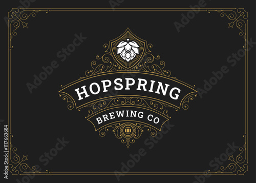 Vintage flourishes ornament golden logo brew hops design template vector illustration. Luxury elegant Victorian swirl filigree ornate calligraphic emblem for brewery beer pub bar malt craft restaurant