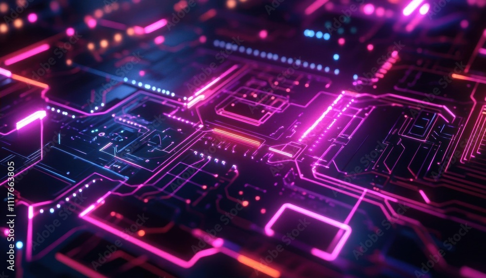 Abstract digital circuit board with vibrant neon colors and patterns. Abstract digital circuit board with vibrant neon colors and patterns.