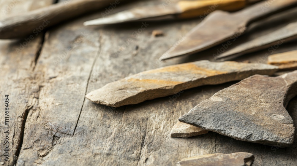 Close-up of ancient stone tools, sharp flint knives, and polished axes on a weathered wooden surface, symbolizing prehistoric craftsmanship and the dawn of human ingenuity Close-up of ancient stone tools, sharp flint knives, and polished axes on a weathered wooden surface, symbolizing prehistoric craftsmanship and the dawn of human ingenuity