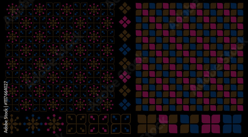 シームレスパターンテクスチャーと装飾図案デザイン「ダークなレトロモダン」黒背景（Seamless pattern texture and ornamental design "dark retro modern" black background.）