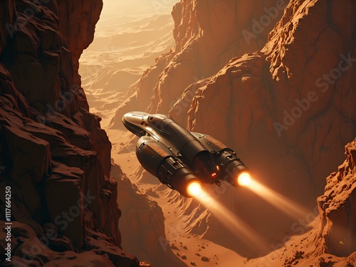 Exploring the dunes  a sci fi ship navigates through a majestic canyon landscape, digital art of science fiction concept.