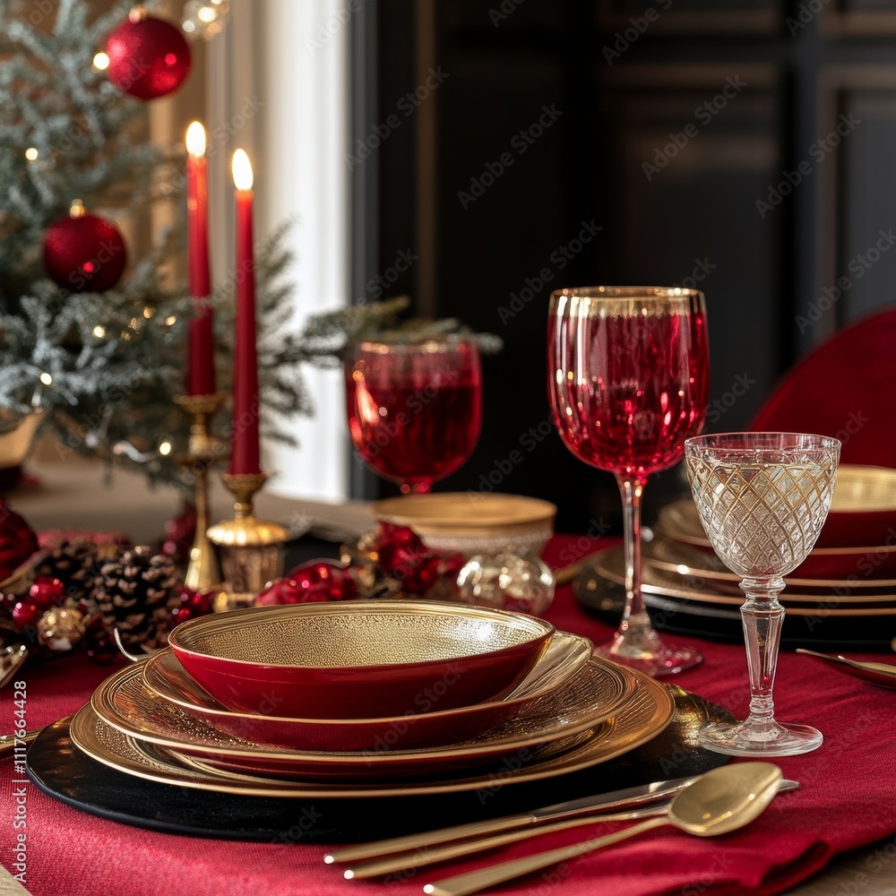 Red and gold classic christmas traditional table setting, warm, and festive atmosphere with golden accents. February 14 Valentines Day romantic date Red and gold classic christmas traditional table setting, warm, and festive atmosphere with golden accents. February 14 Valentines Day romantic date