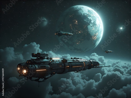 Wallpaper Mural Futuristic space exploration scene with starships and a distant planet in ethereal clouds, digital art of space exploration concept. Torontodigital.ca