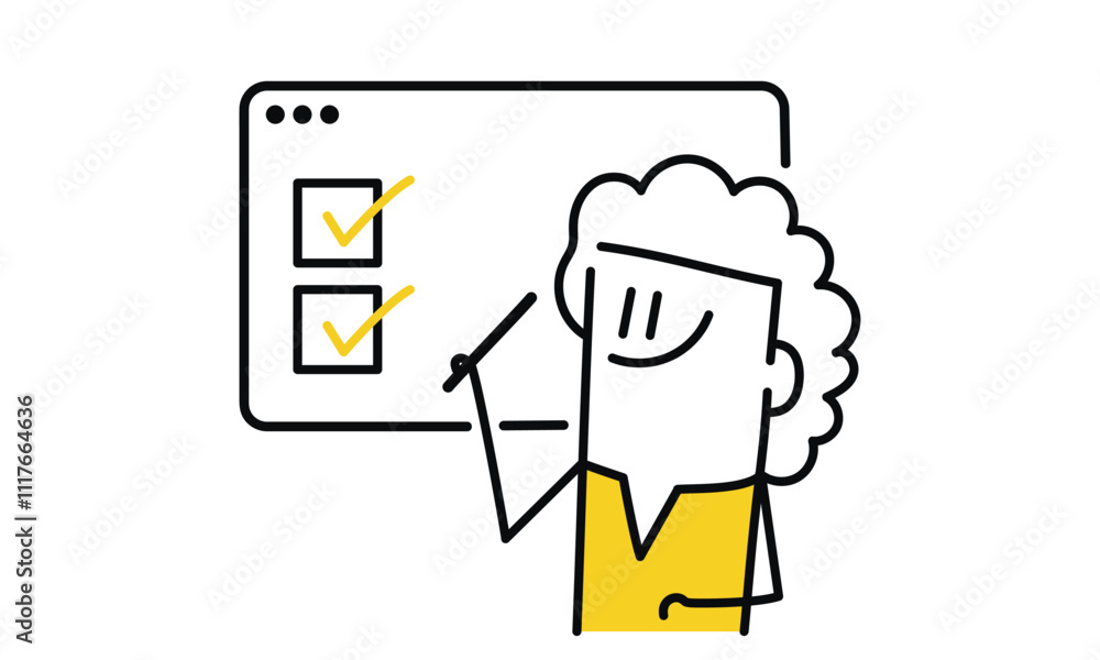 Cartoon woman is holding a pen and writing on a white board. The board has two check boxes and a smiley face. The woman is smiling. Hand drawn vector illustration. Black and white. Cartoon woman is holding a pen and writing on a white board. The board has two check boxes and a smiley face. The woman is smiling. Hand drawn vector illustration. Black and white.