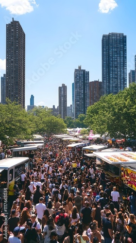 A fun outdoor summer festival with food trucks, live music, and crowds, leaving plenty of space for a message above