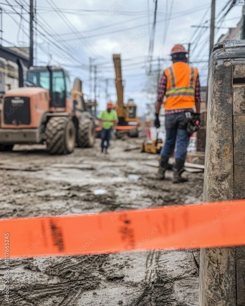 Construction site with heavy machinery and workers in safety gear. Construction site with heavy machinery and workers in safety gear.
