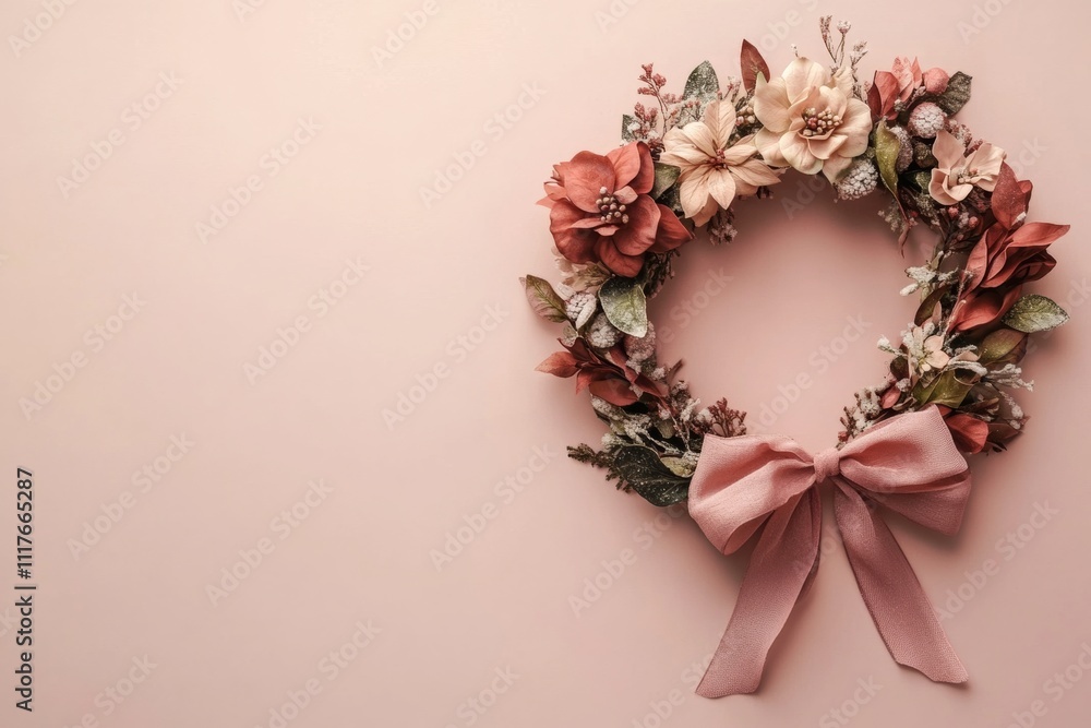 Art Nouveau inspired Christmas wreath with intricate floral patterns, soft colors, and elegant ribbon details, minimal background with copy space, easter spring pink white vintage decoration Art Nouveau inspired Christmas wreath with intricate floral patterns, soft colors, and elegant ribbon details, minimal background with copy space, easter spring pink white vintage decoration