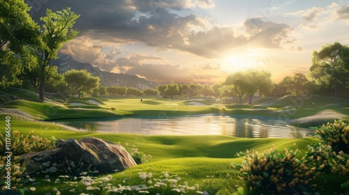 Serene Golf Course Landscape at Sunset photo