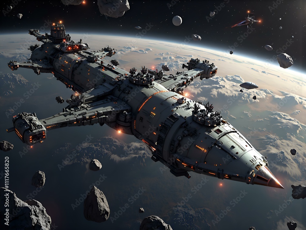 Obraz premium Futuristic spacecraft navigating asteroid field in deep space, digital art of sci fi concept.