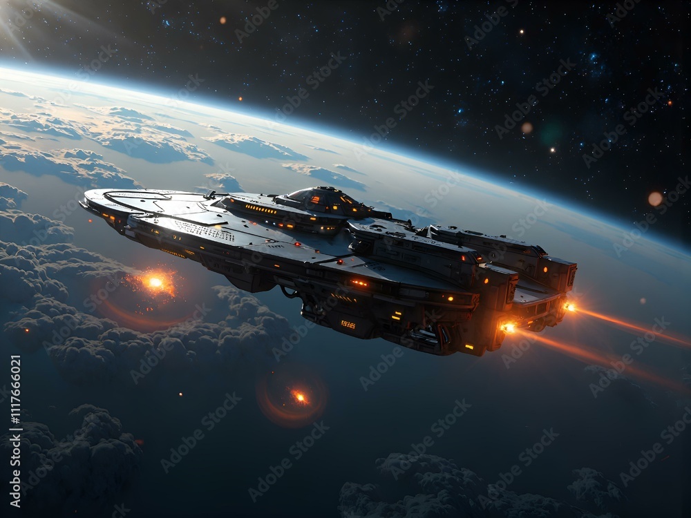 Obraz premium Futuristic spaceship gliding above a celestial horizon with cosmic elements, digital art of sci fi concept.