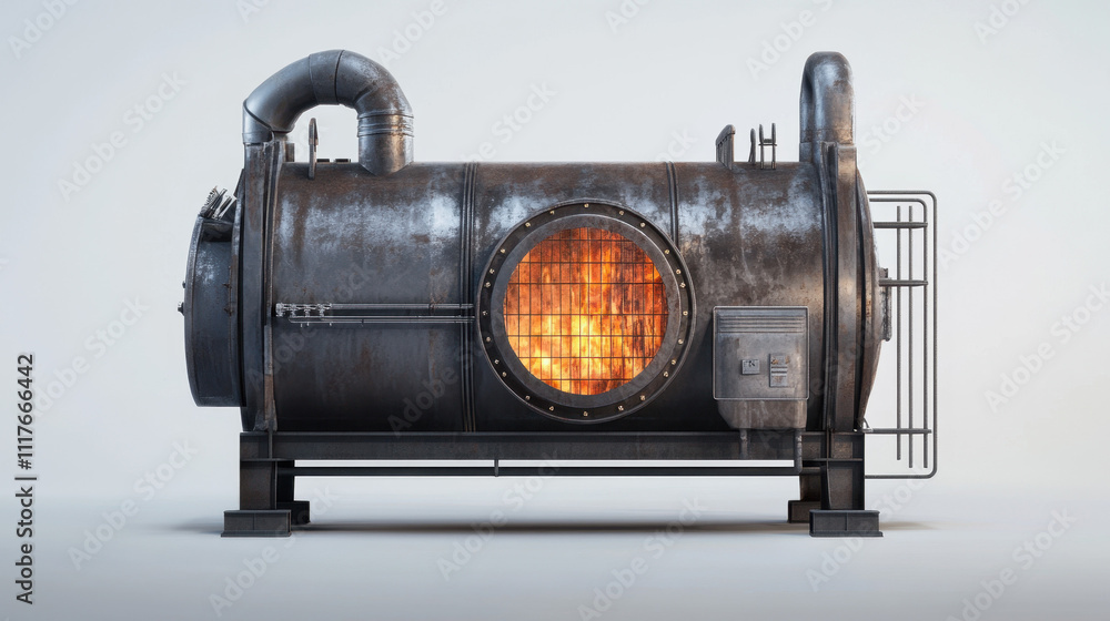 Industrial steel furnace with glowing fire inside, showcasing engineering design and heavy metal structure on a white background. Industrial steel furnace with glowing fire inside, showcasing engineering design and heavy metal structure on a white background.