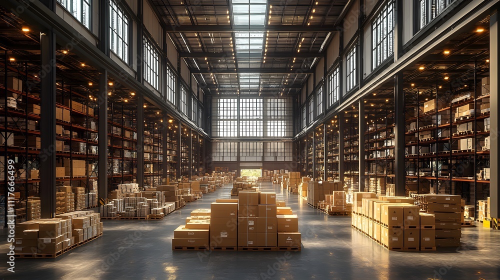 Interior design of an empty warehouse with sleek shelving units and a spacious, open-plan layout in 3D rendering. Interior design of an empty warehouse with sleek shelving units and a spacious, open-plan layout in 3D rendering.