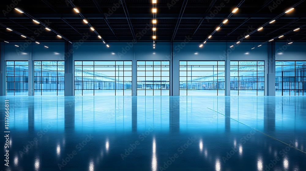 Fototapeta premium Interior design of an empty warehouse with sleek shelving units and a spacious, open-plan layout in 3D rendering.