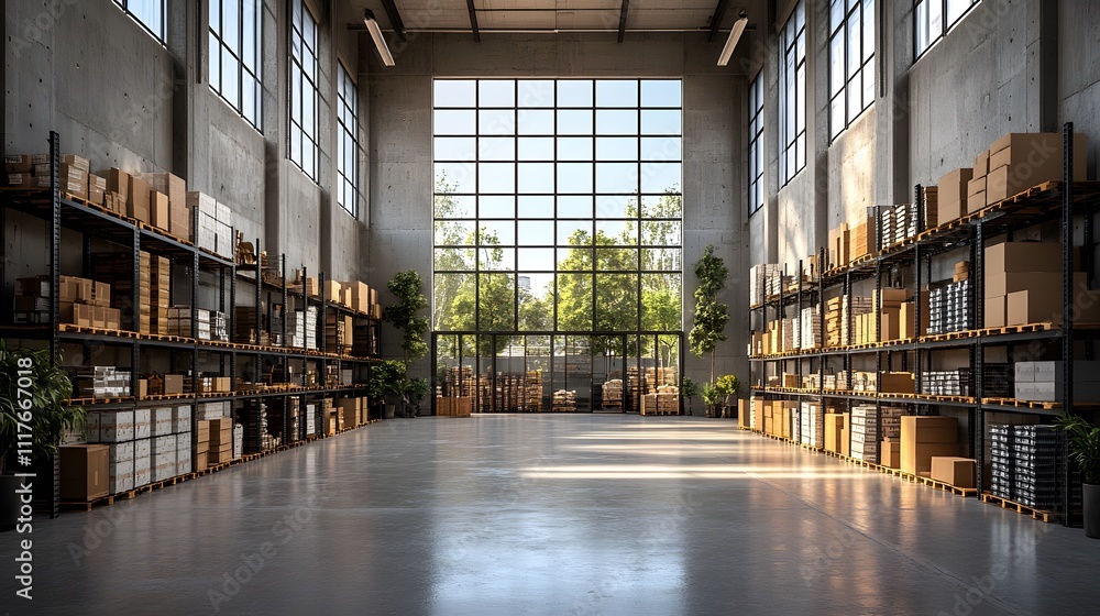 Fototapeta premium Industrial-style empty warehouse with shelving units, large windows, and minimalist decor in 3D