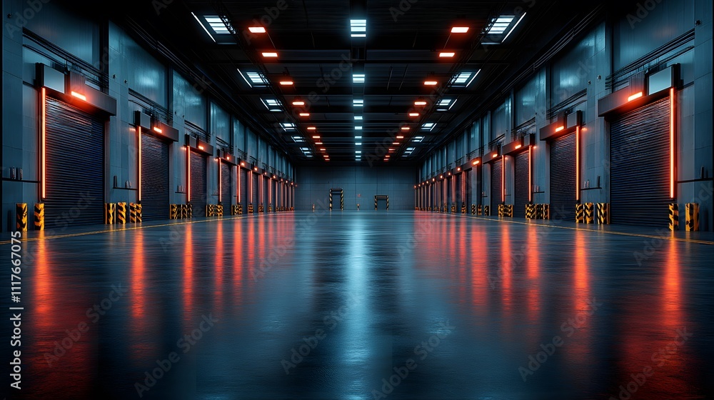 Minimalist 3D interior design of an empty warehouse with high ceilings and long rows of shelving units Minimalist 3D interior design of an empty warehouse with high ceilings and long rows of shelving units