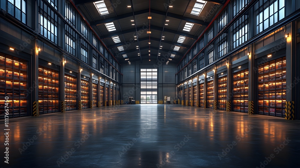 Spacious and minimal 3D design of an empty warehouse with organized shelving and a sleek, open interior Spacious and minimal 3D design of an empty warehouse with organized shelving and a sleek, open interior