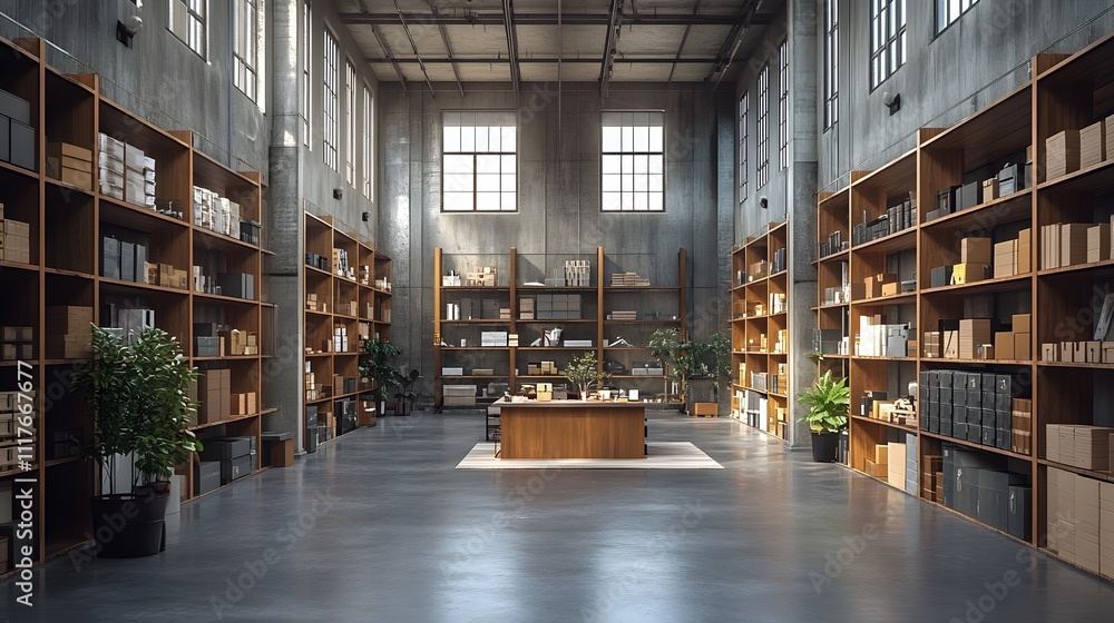 Empty warehouse interior with open shelving units, industrial-style design, high ceilings, and clean lines Empty warehouse interior with open shelving units, industrial-style design, high ceilings, and clean lines