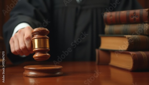 A judge's hand firmly grips a wooden gavel, poised to strike the sound block, symbolizing authority and decision-making in a courtroom. Behind, a stack of leather-bound law books adds a scholarly