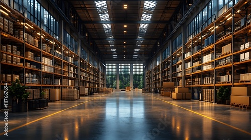 Wallpaper Mural 3D visualization of an empty warehouse space with organized shelving, modern and minimalist decor Torontodigital.ca