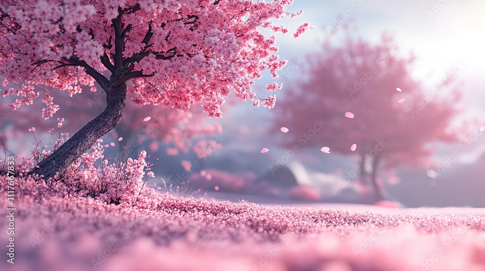 Fototapeta premium A serene landscape featuring blooming cherry blossom trees in a tranquil setting.