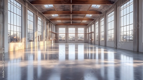 3D rendering of empty warehouse interior, minimalist shelves, large windows, and high ceilings