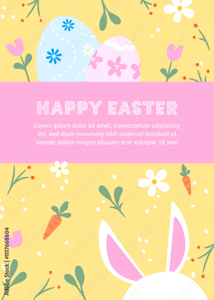 Happy Easter. Greeting card or poster with bunny, flowers, carrots and Easter egg. Egg hunt poster template. Spring background. vector illustration Happy Easter. Greeting card or poster with bunny, flowers, carrots and Easter egg. Egg hunt poster template. Spring background. vector illustration